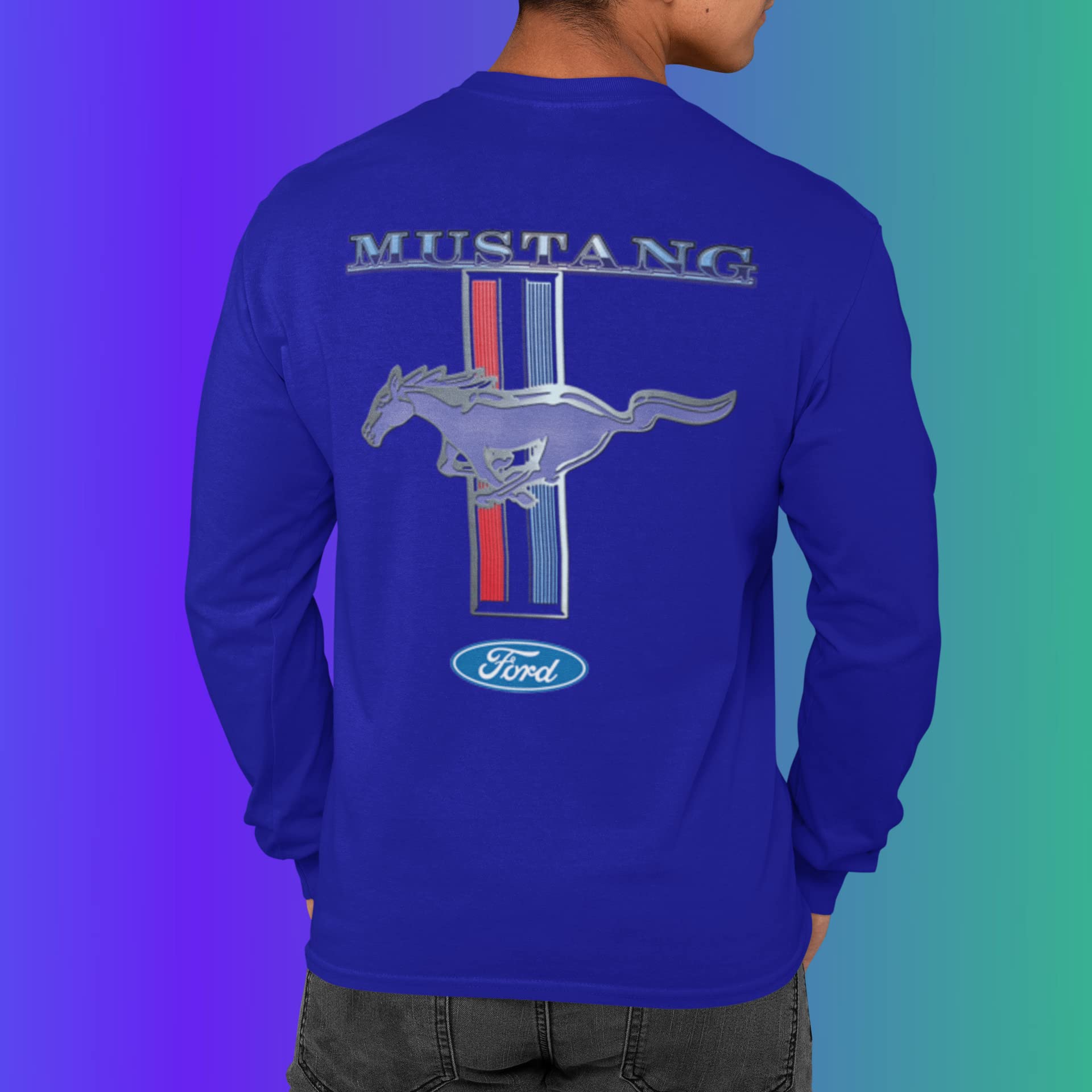 Ford Mustang Pony Racing Stripe 5.0 Muscle Cars Long Sleeve T-Shirt Front Back Print