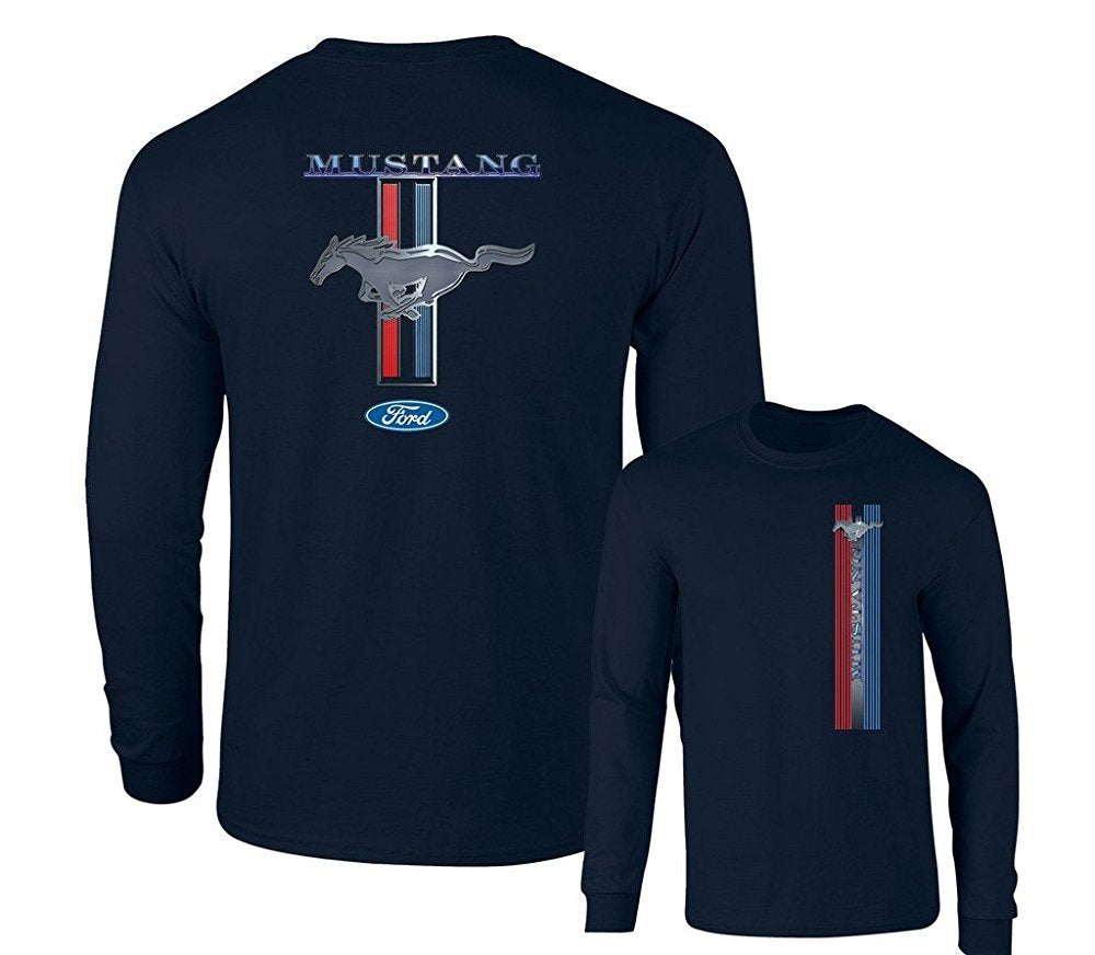 Ford Mustang Pony Racing Stripe 5.0 Muscle Cars Long Sleeve T-Shirt Front Back Print