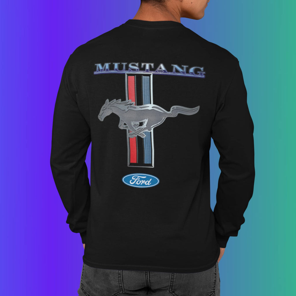 Ford Mustang Pony Racing Stripe 5.0 Muscle Cars Long Sleeve T-Shirt Front Back Print