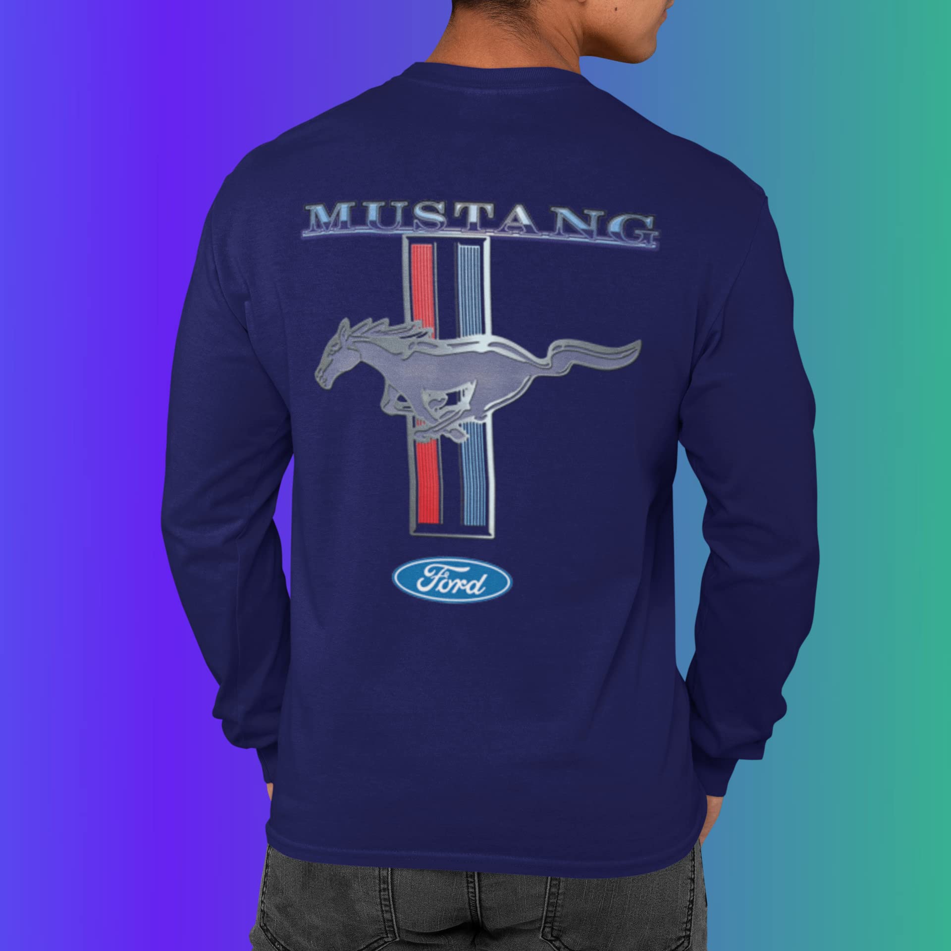 Ford Mustang Pony Racing Stripe 5.0 Muscle Cars Long Sleeve T-Shirt Front Back Print