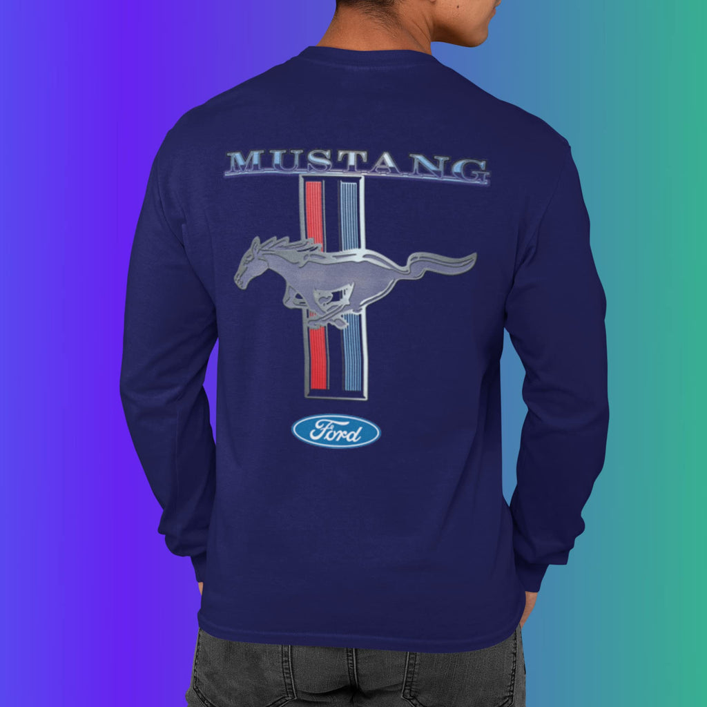 Ford Mustang Pony Racing Stripe 5.0 Muscle Cars Long Sleeve T-Shirt Front Back Print