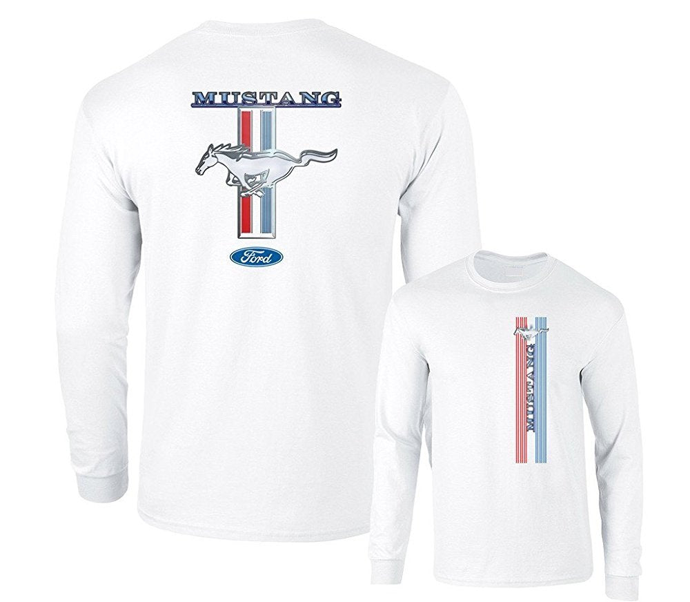 Ford Mustang Pony Racing Stripe 5.0 Muscle Cars Long Sleeve T-Shirt Front Back Print