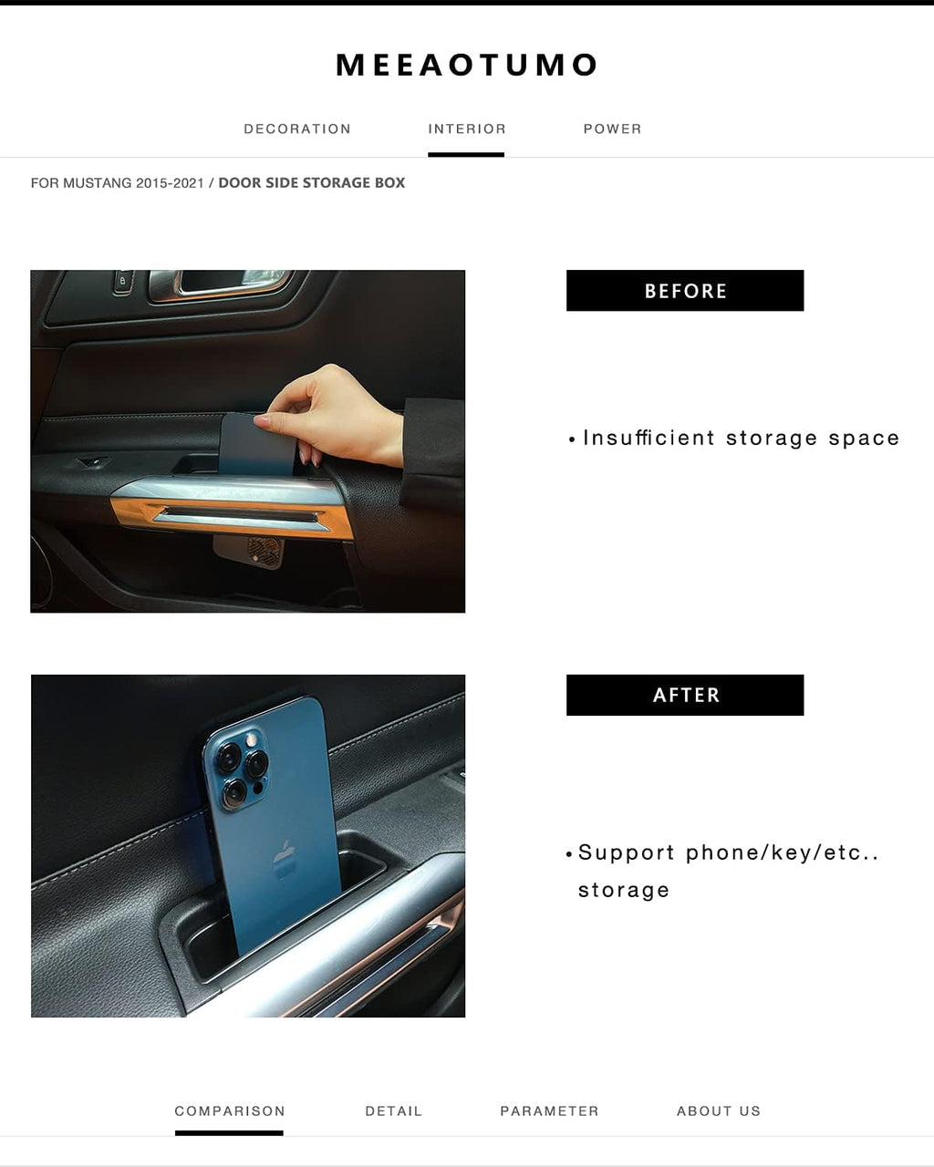 Door Side Storage Box Interior Accessories for Ford Mustang 2015-2025