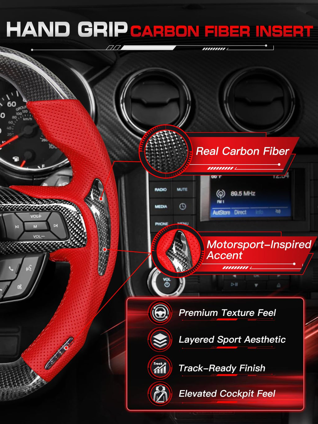 Carbon-Fiber Steering Wheel for Ford Mustang 2018–2023, Matching Decorative Trim Piece, Flat-Bottom, Black Nappa Leather with Red Stripe & Red Hand-Stitching, for EcoBoost/GT/GT350/GT350R