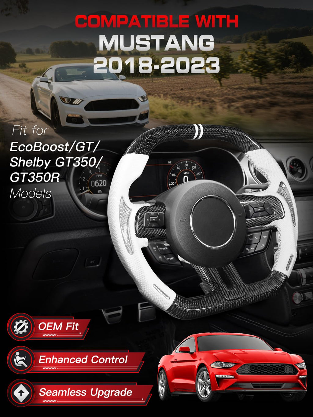 Carbon-Fiber Steering Wheel for Ford Mustang 2018–2023, Matching Decorative Trim Piece, Flat-Bottom, Black Nappa Leather with Red Stripe & Red Hand-Stitching, for EcoBoost/GT/GT350/GT350R