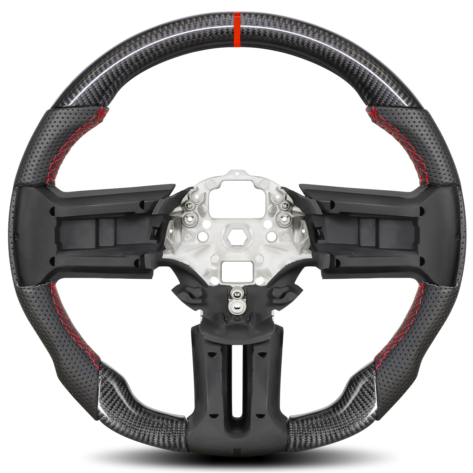 Carbon-Fiber Steering Wheel for Ford Mustang 2018–2023, Matching Decorative Trim Piece, Flat-Bottom, Black Nappa Leather with Red Stripe & Red Hand-Stitching, for EcoBoost/GT/GT350/GT350R