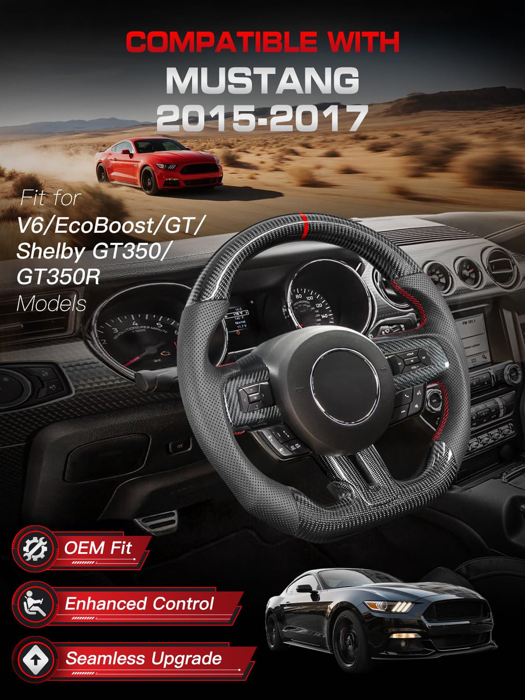 Carbon-Fiber Steering Wheel for Ford Mustang 2018–2023, Matching Decorative Trim Piece, Flat-Bottom, Black Nappa Leather with Red Stripe & Red Hand-Stitching, for EcoBoost/GT/GT350/GT350R