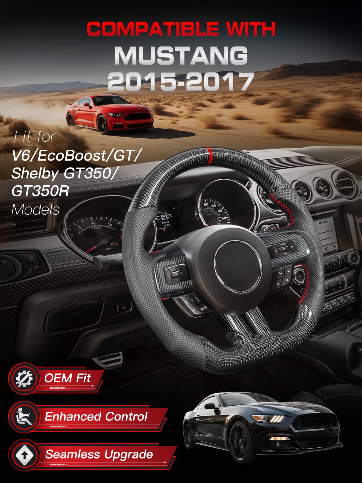 Carbon-Fiber Steering Wheel for Ford Mustang 2018–2023, Matching Decorative Trim Piece, Flat-Bottom, Black Nappa Leather with Red Stripe & Red Hand-Stitching, for EcoBoost/GT/GT350/GT350R