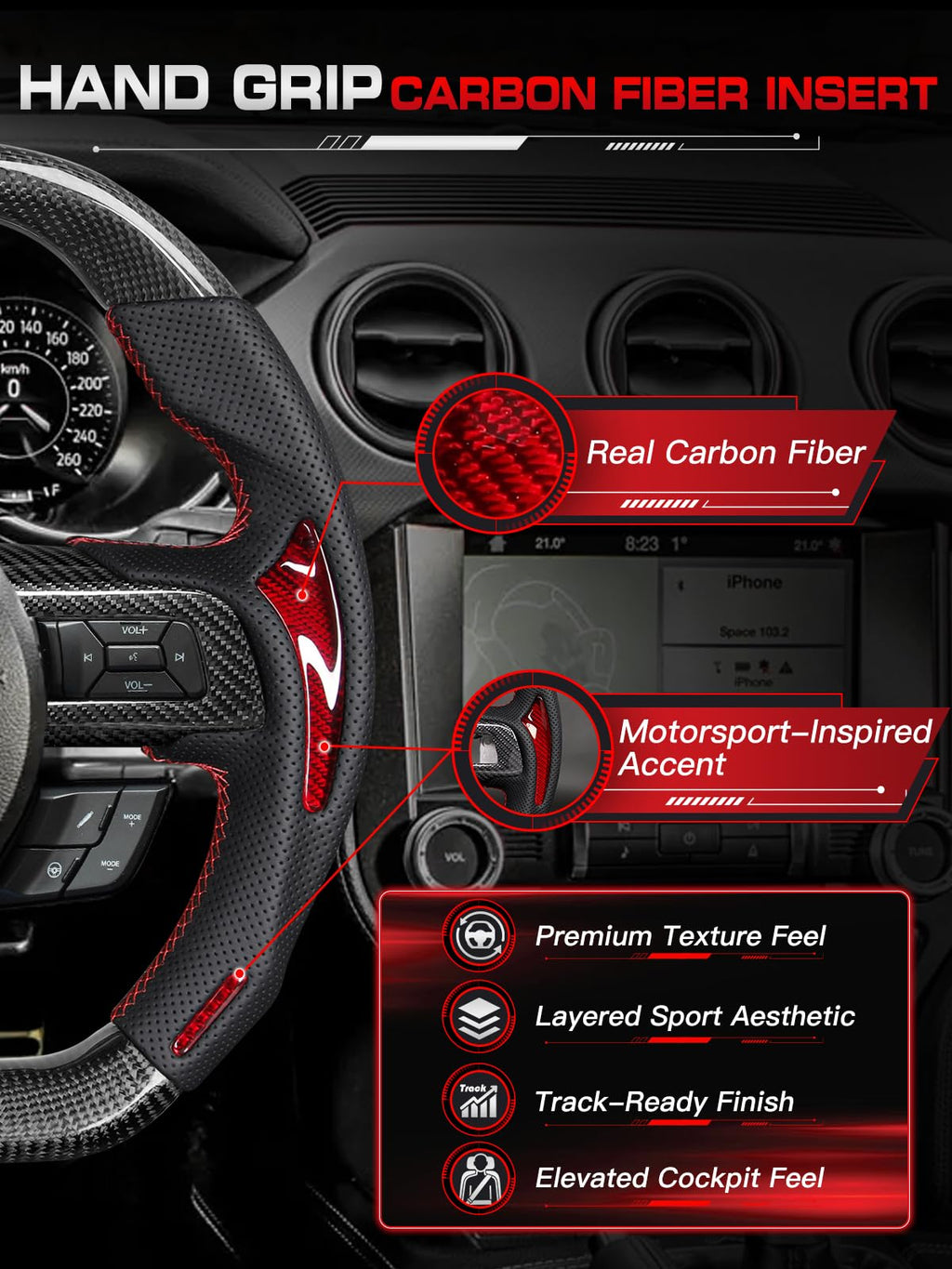 Carbon-Fiber Steering Wheel for Ford Mustang 2018–2023, Matching Decorative Trim Piece, Flat-Bottom, Black Nappa Leather with Red Stripe & Red Hand-Stitching, for EcoBoost/GT/GT350/GT350R