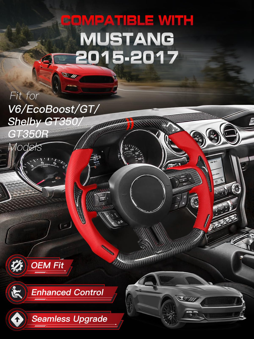 Carbon-Fiber Steering Wheel for Ford Mustang 2018–2023, Matching Decorative Trim Piece, Flat-Bottom, Black Nappa Leather with Red Stripe & Red Hand-Stitching, for EcoBoost/GT/GT350/GT350R