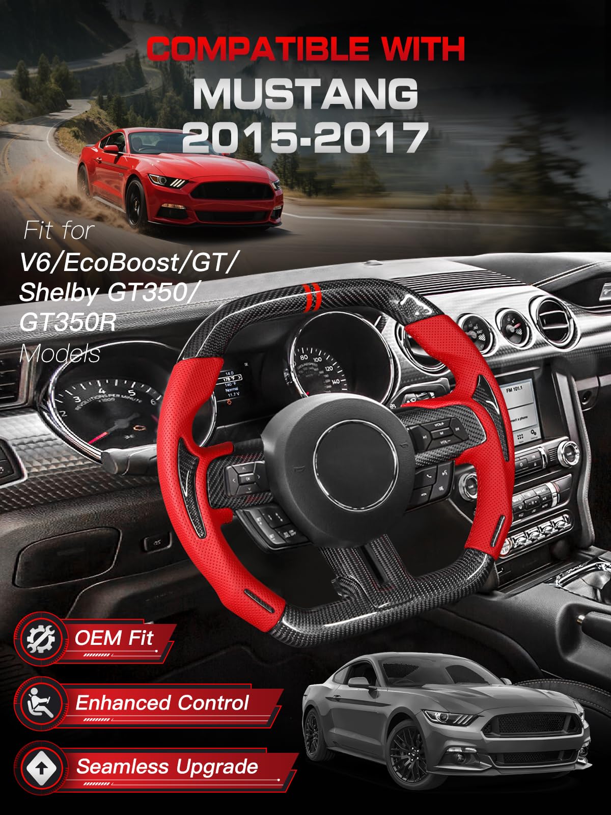 Carbon-Fiber Steering Wheel for Ford Mustang 2018–2023, Matching Decorative Trim Piece, Flat-Bottom, Black Nappa Leather with Red Stripe & Red Hand-Stitching, for EcoBoost/GT/GT350/GT350R