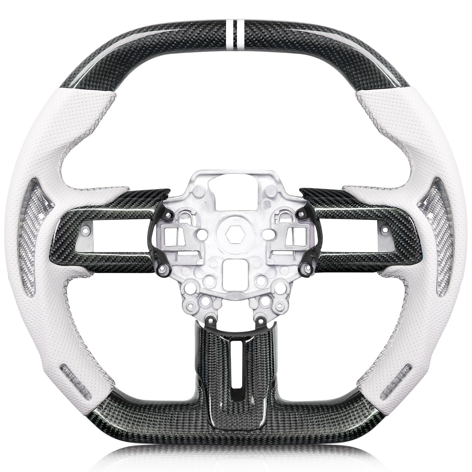 Carbon-Fiber Steering Wheel for Ford Mustang 2018–2023, Matching Decorative Trim Piece, Flat-Bottom, Black Nappa Leather with Red Stripe & Red Hand-Stitching, for EcoBoost/GT/GT350/GT350R