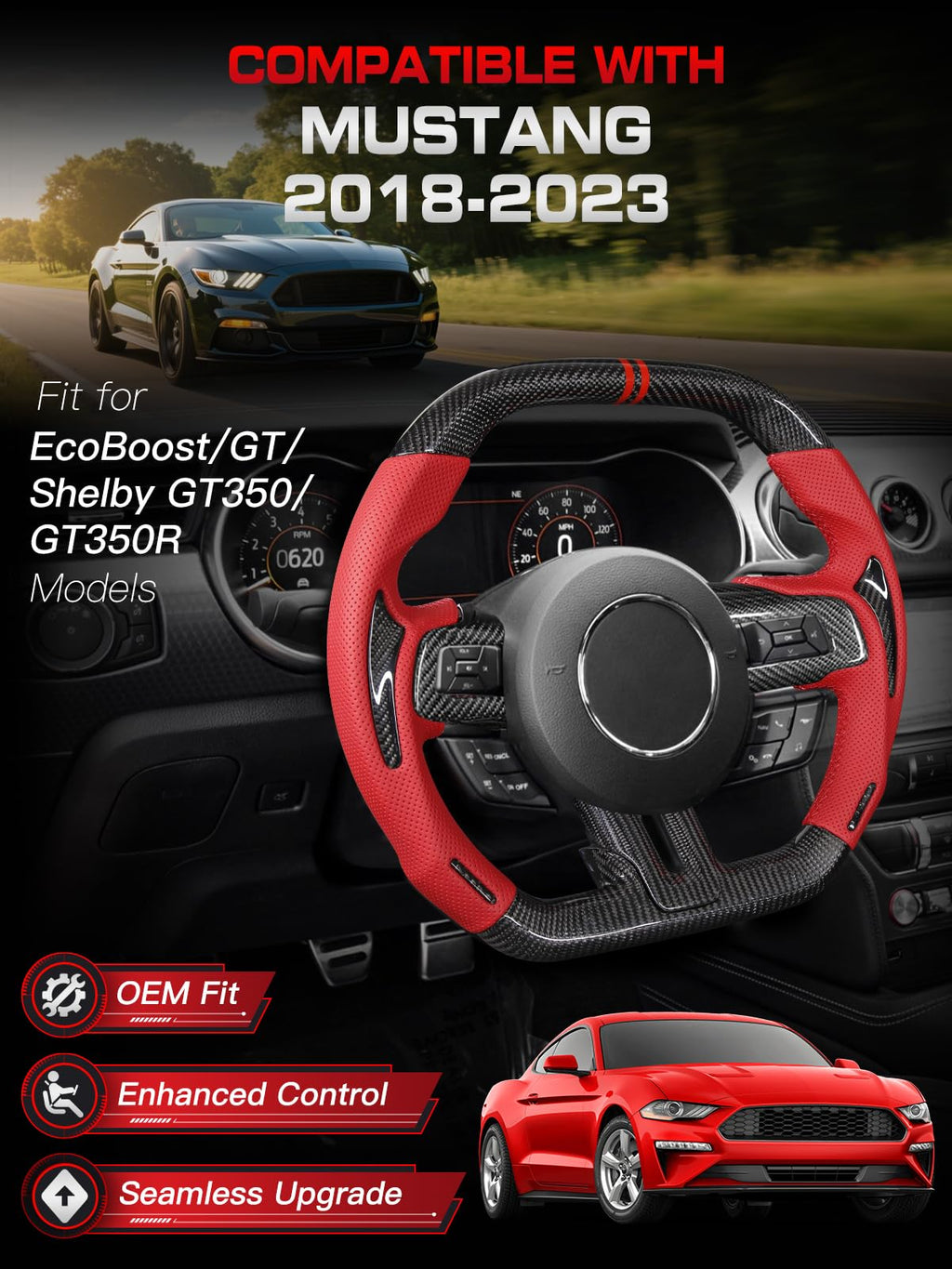 Carbon-Fiber Steering Wheel for Ford Mustang 2018–2023, Matching Decorative Trim Piece, Flat-Bottom, Black Nappa Leather with Red Stripe & Red Hand-Stitching, for EcoBoost/GT/GT350/GT350R