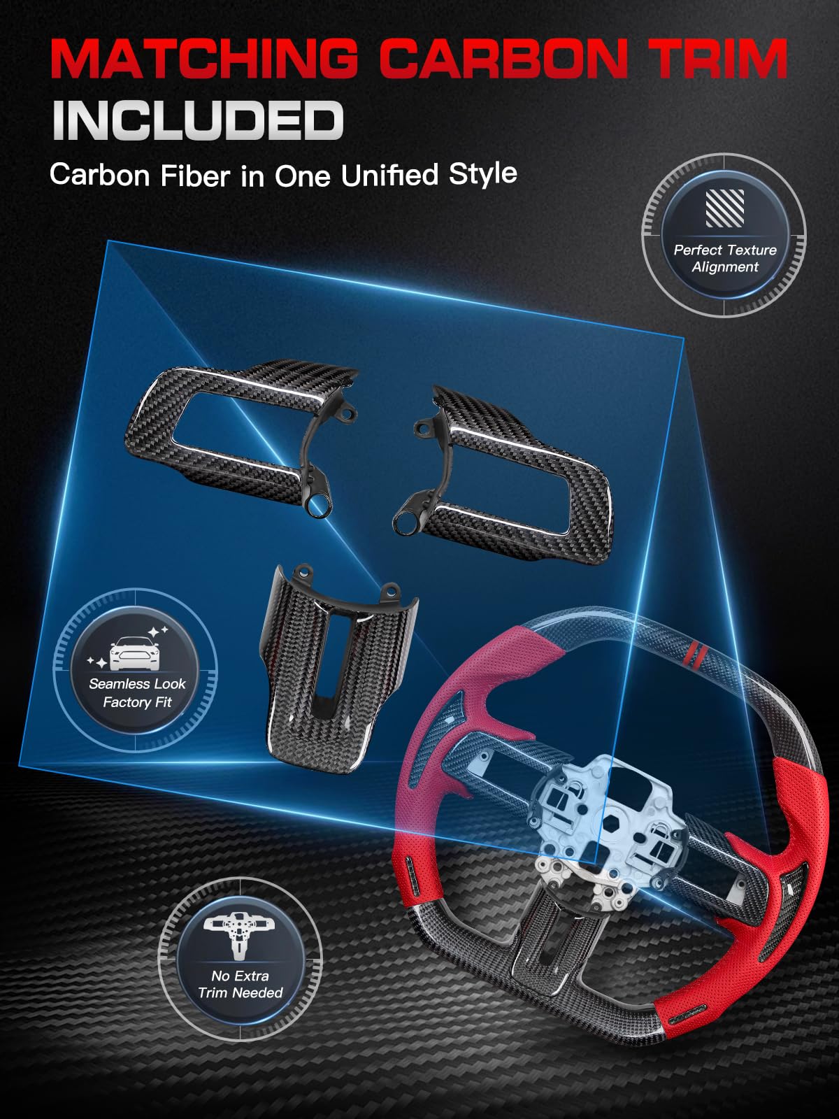 Carbon-Fiber Steering Wheel for Ford Mustang 2018–2023, Matching Decorative Trim Piece, Flat-Bottom, Black Nappa Leather with Red Stripe & Red Hand-Stitching, for EcoBoost/GT/GT350/GT350R