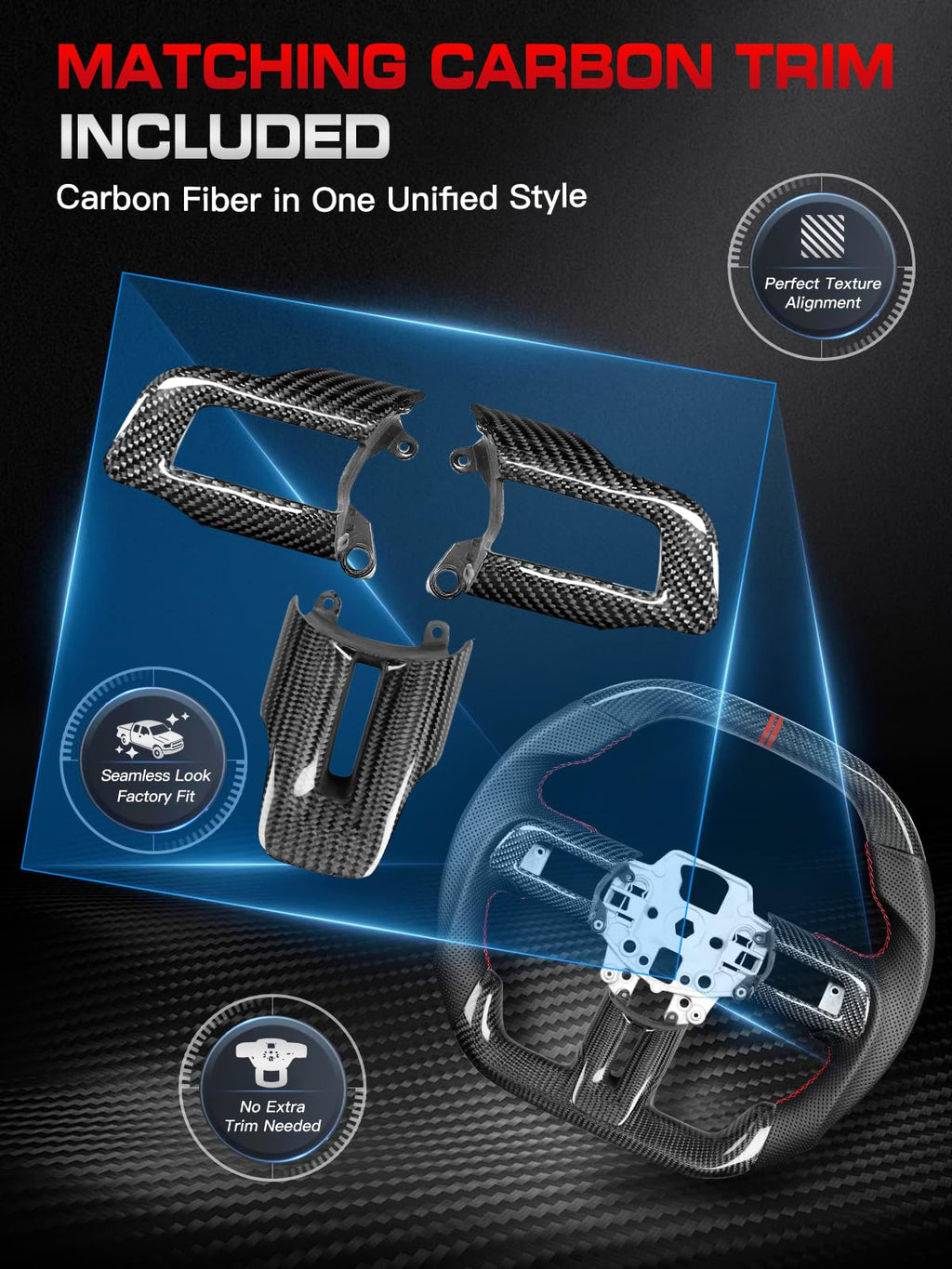 Carbon-Fiber Steering Wheel for Ford Mustang 2018–2023, Matching Decorative Trim Piece, Flat-Bottom, Black Nappa Leather with Red Stripe & Red Hand-Stitching, for EcoBoost/GT/GT350/GT350R