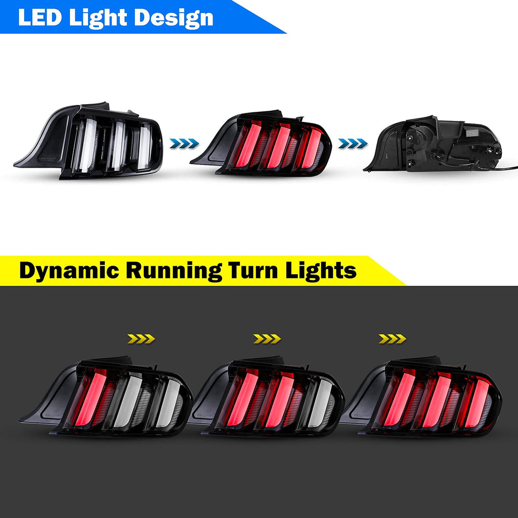 LED Tail Light for 2015-2023 Ford Mustang with Dynamic Running Turn Light Design,WOLFSORM Ford Mustang LED Tail Light Replacement Assembly,1 Pair(Smoke Lens)