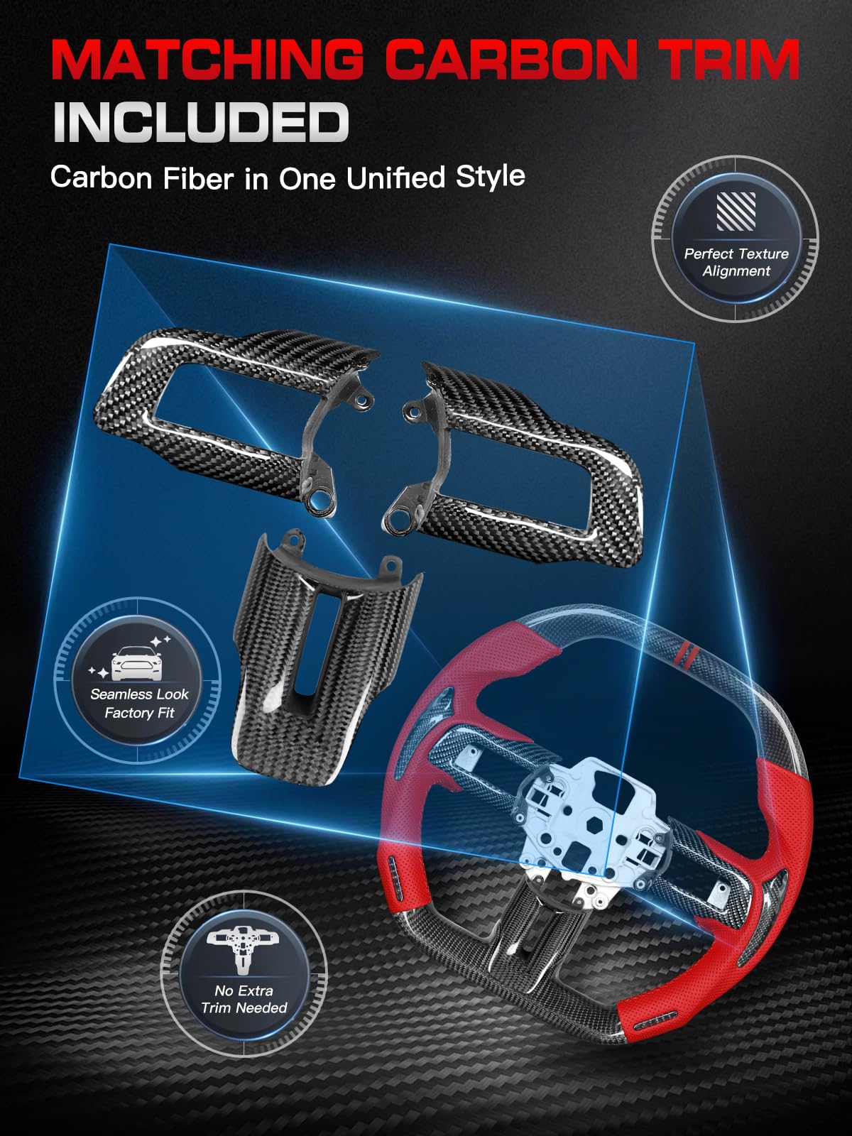 Carbon-Fiber Steering Wheel for Ford Mustang 2018–2023, Matching Decorative Trim Piece, Flat-Bottom, Black Nappa Leather with Red Stripe & Red Hand-Stitching, for EcoBoost/GT/GT350/GT350R