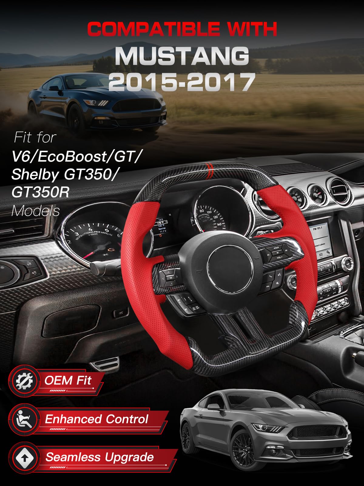 Carbon-Fiber Steering Wheel for Ford Mustang 2018–2023, Matching Decorative Trim Piece, Flat-Bottom, Black Nappa Leather with Red Stripe & Red Hand-Stitching, for EcoBoost/GT/GT350/GT350R