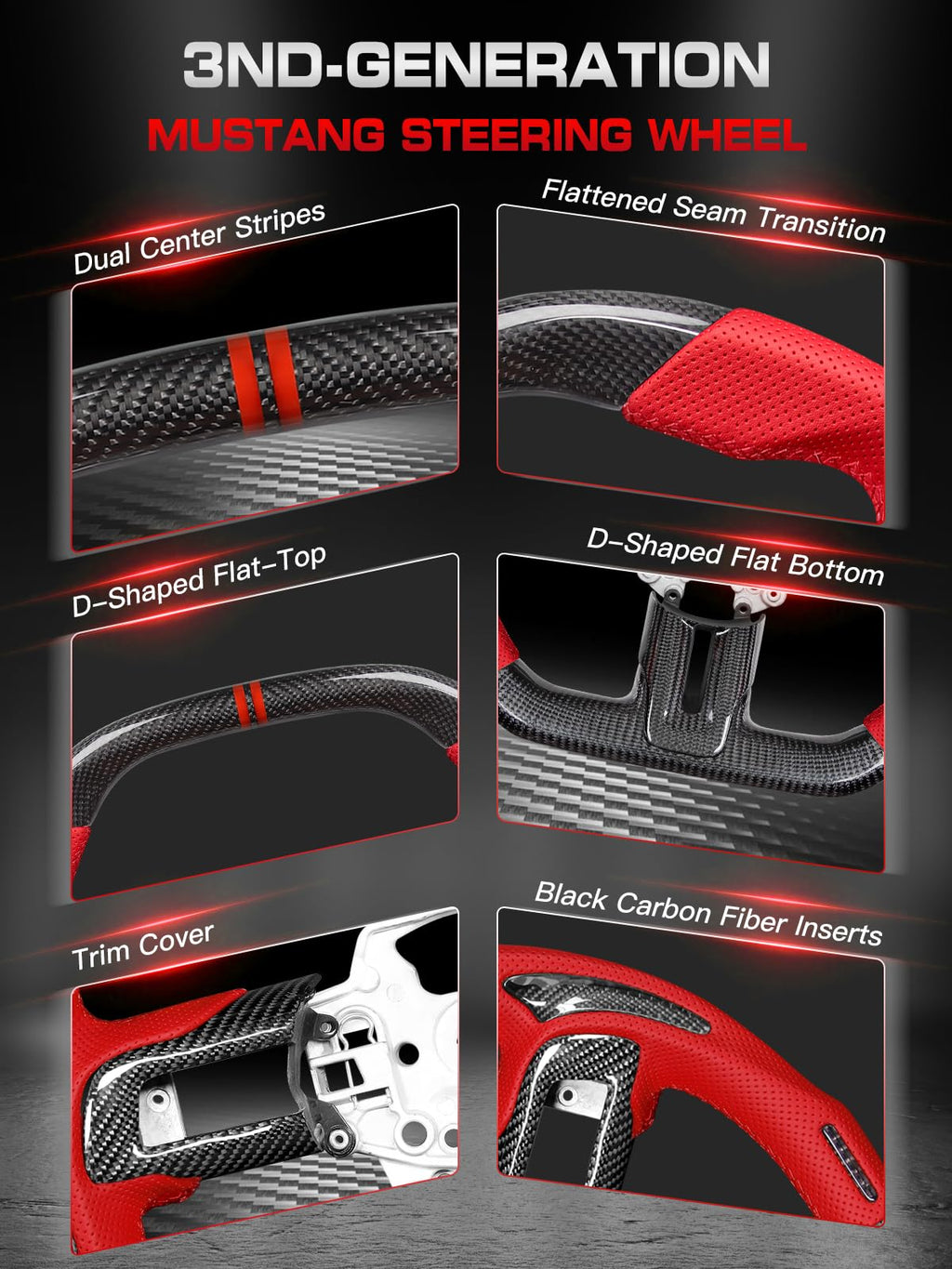 Carbon-Fiber Steering Wheel for Ford Mustang 2018–2023, Matching Decorative Trim Piece, Flat-Bottom, Black Nappa Leather with Red Stripe & Red Hand-Stitching, for EcoBoost/GT/GT350/GT350R