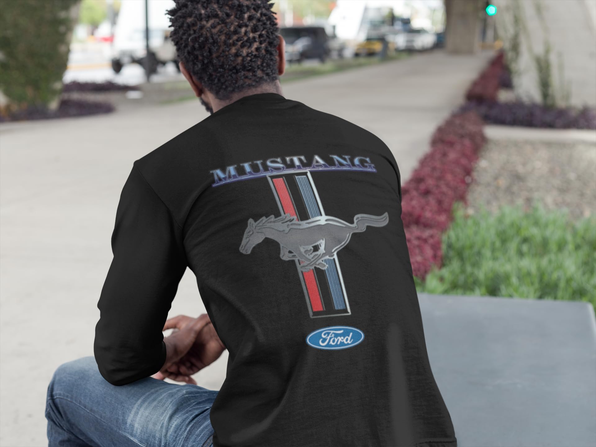Ford Mustang Pony Racing Stripe 5.0 Muscle Cars Long Sleeve T-Shirt Front Back Print