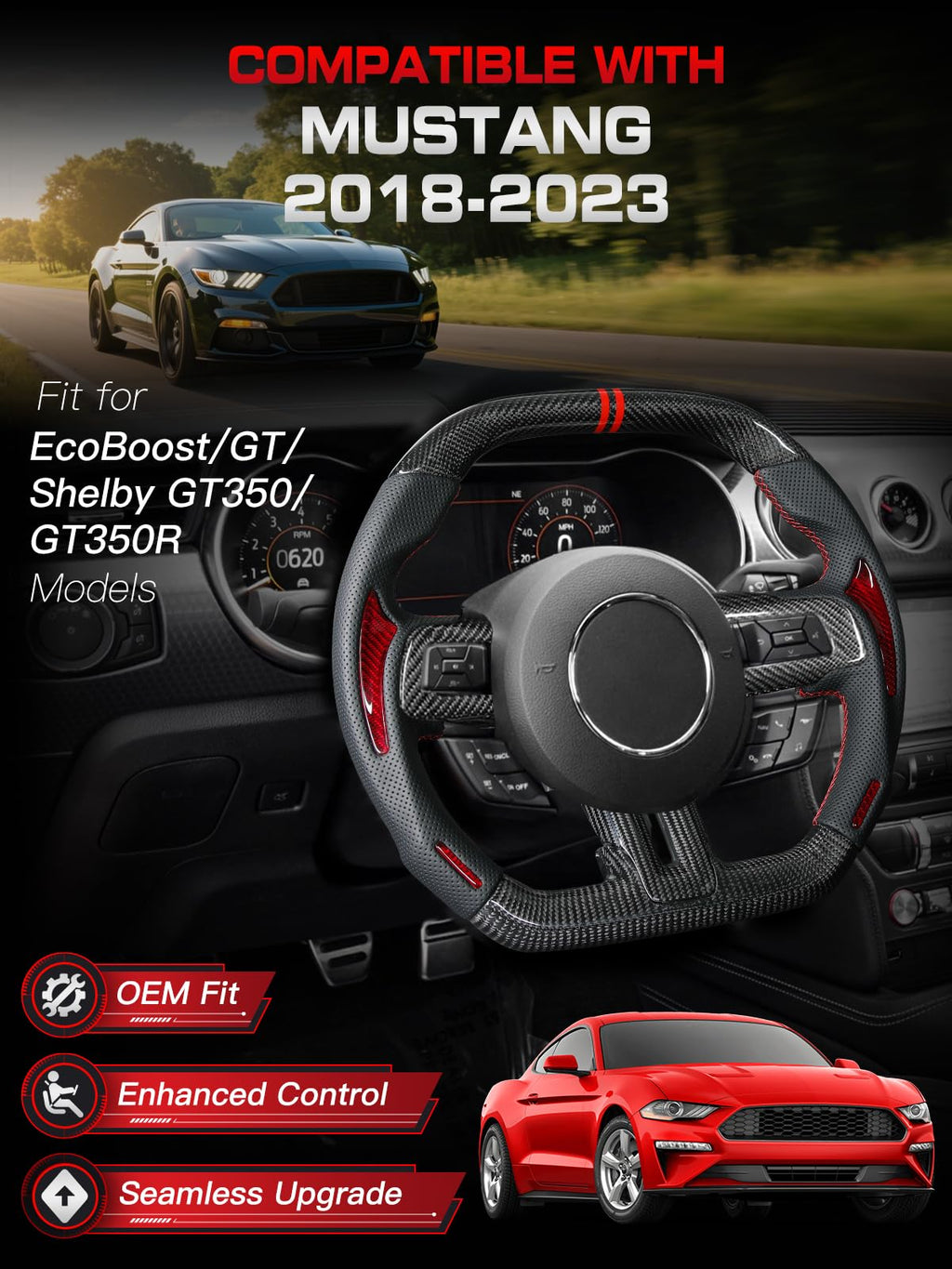 Carbon-Fiber Steering Wheel for Ford Mustang 2018–2023, Matching Decorative Trim Piece, Flat-Bottom, Black Nappa Leather with Red Stripe & Red Hand-Stitching, for EcoBoost/GT/GT350/GT350R