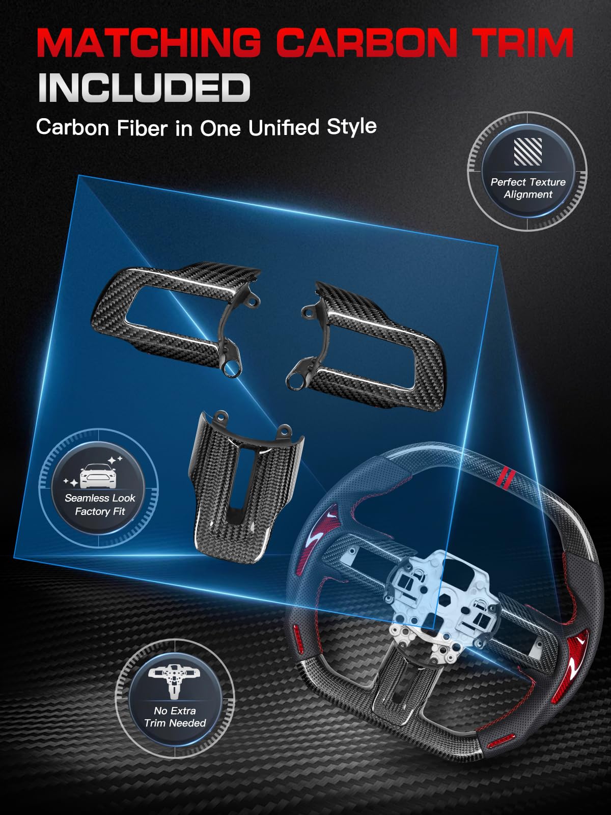 Carbon-Fiber Steering Wheel for Ford Mustang 2018–2023, Matching Decorative Trim Piece, Flat-Bottom, Black Nappa Leather with Red Stripe & Red Hand-Stitching, for EcoBoost/GT/GT350/GT350R