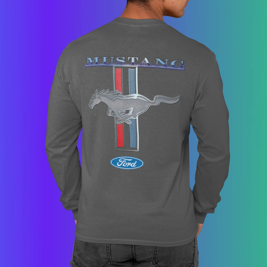 Ford Mustang Pony Racing Stripe 5.0 Muscle Cars Long Sleeve T-Shirt Front Back Print
