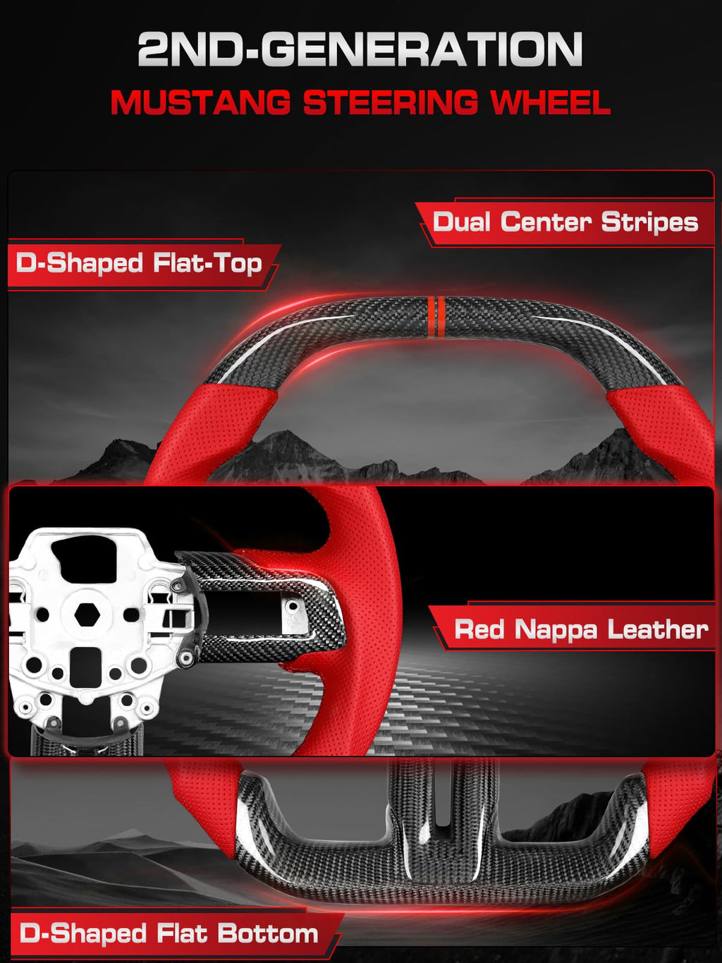 Carbon-Fiber Steering Wheel for Ford Mustang 2018–2023, Matching Decorative Trim Piece, Flat-Bottom, Black Nappa Leather with Red Stripe & Red Hand-Stitching, for EcoBoost/GT/GT350/GT350R