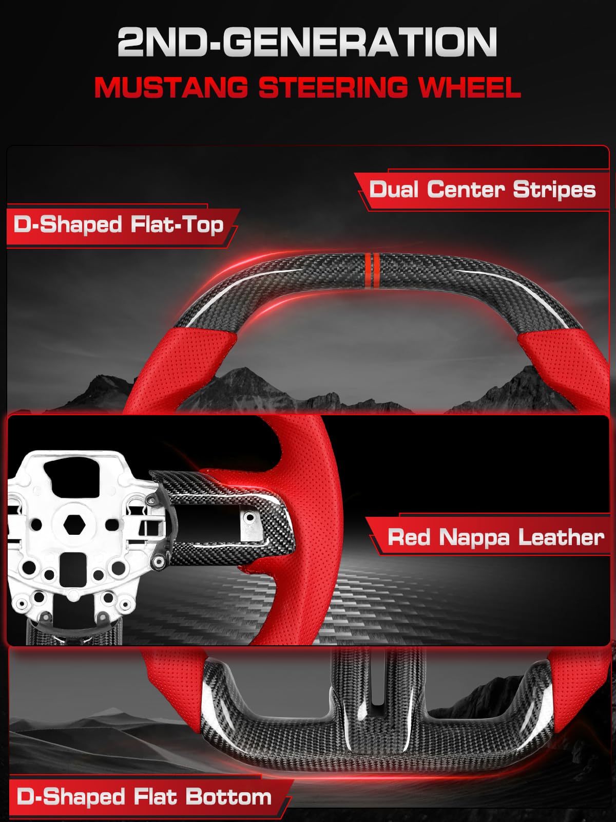 Carbon-Fiber Steering Wheel for Ford Mustang 2018–2023, Matching Decorative Trim Piece, Flat-Bottom, Black Nappa Leather with Red Stripe & Red Hand-Stitching, for EcoBoost/GT/GT350/GT350R