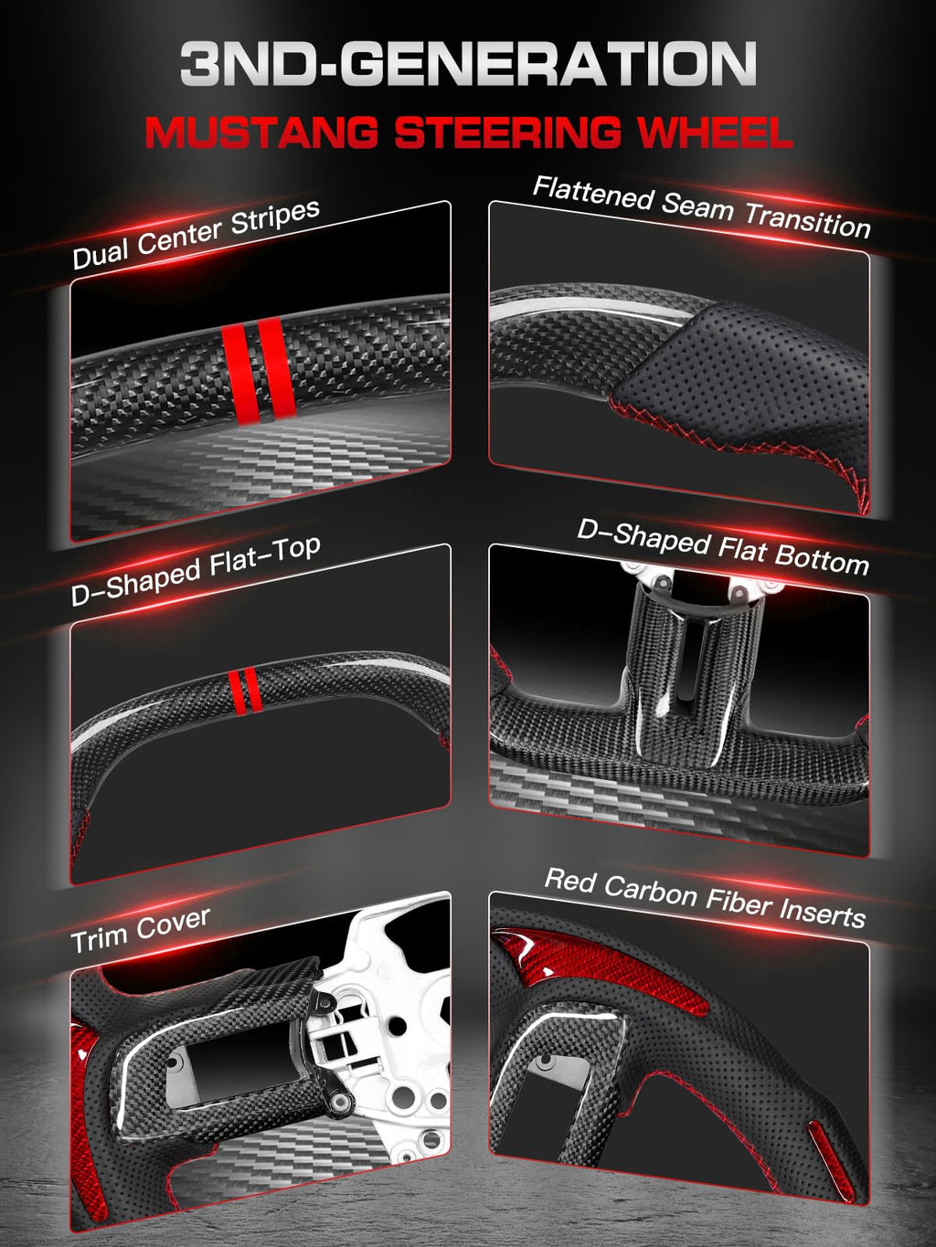 Carbon-Fiber Steering Wheel for Ford Mustang 2018–2023, Matching Decorative Trim Piece, Flat-Bottom, Black Nappa Leather with Red Stripe & Red Hand-Stitching, for EcoBoost/GT/GT350/GT350R