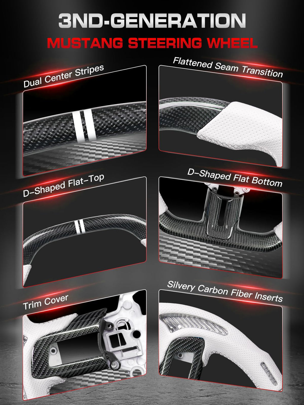 Carbon-Fiber Steering Wheel for Ford Mustang 2018–2023, Matching Decorative Trim Piece, Flat-Bottom, Black Nappa Leather with Red Stripe & Red Hand-Stitching, for EcoBoost/GT/GT350/GT350R