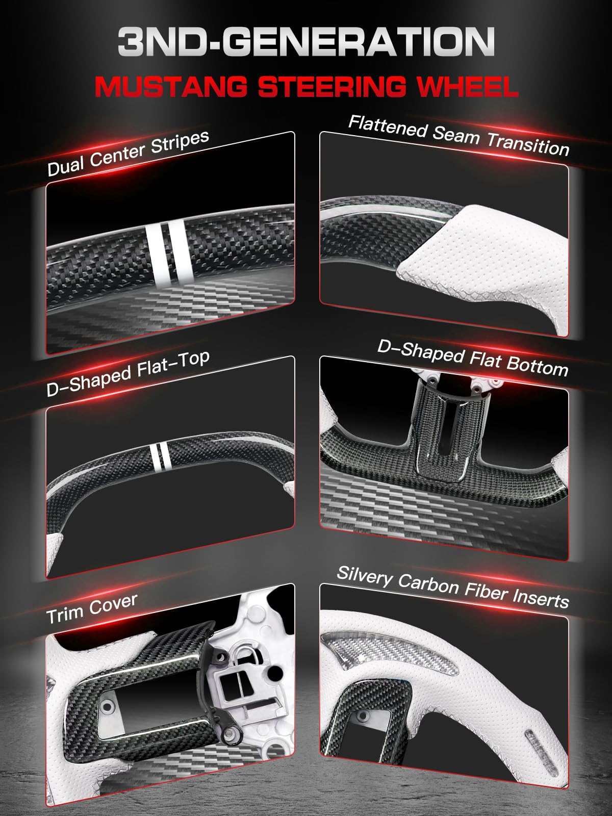 Carbon-Fiber Steering Wheel for Ford Mustang 2018–2023, Matching Decorative Trim Piece, Flat-Bottom, Black Nappa Leather with Red Stripe & Red Hand-Stitching, for EcoBoost/GT/GT350/GT350R