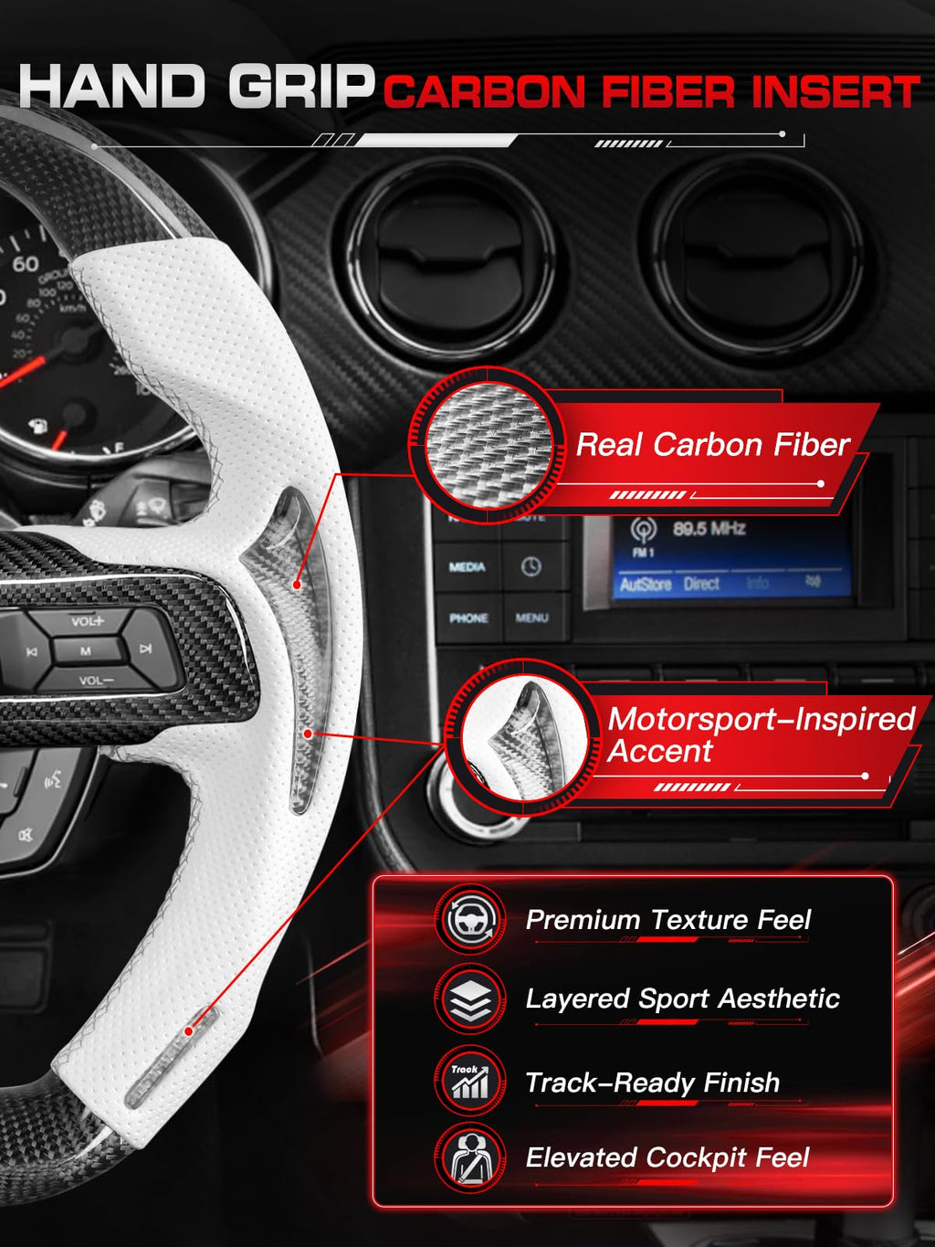 Carbon-Fiber Steering Wheel for Ford Mustang 2018–2023, Matching Decorative Trim Piece, Flat-Bottom, Black Nappa Leather with Red Stripe & Red Hand-Stitching, for EcoBoost/GT/GT350/GT350R