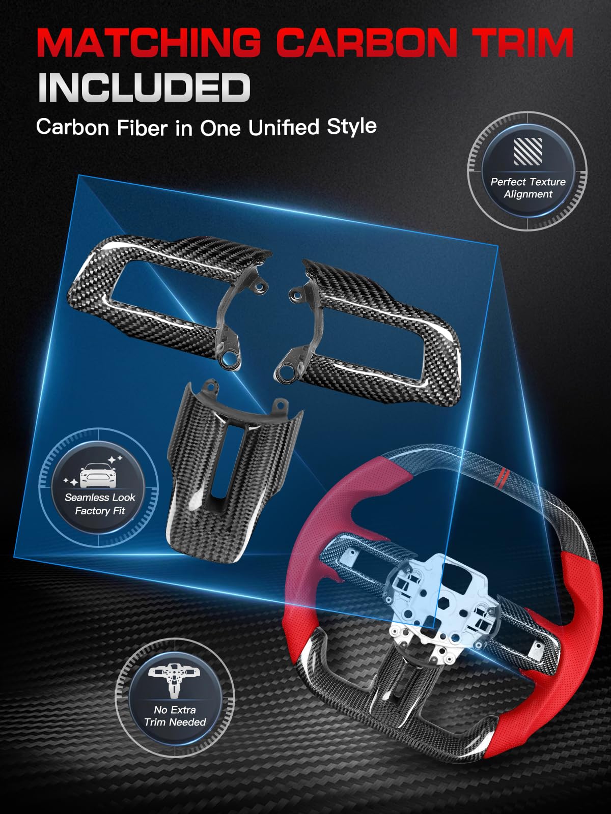 Carbon-Fiber Steering Wheel for Ford Mustang 2018–2023, Matching Decorative Trim Piece, Flat-Bottom, Black Nappa Leather with Red Stripe & Red Hand-Stitching, for EcoBoost/GT/GT350/GT350R