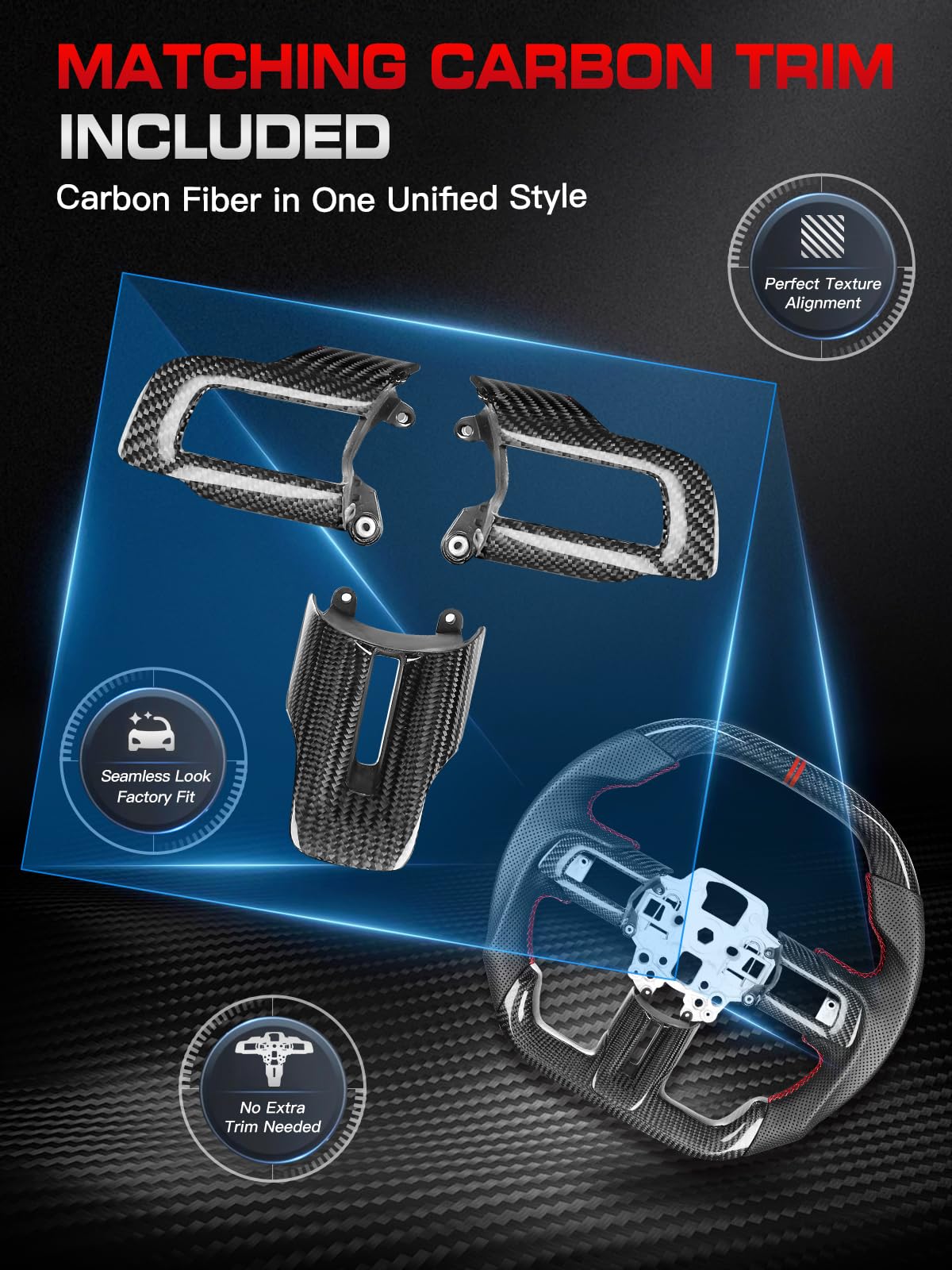 Carbon-Fiber Steering Wheel for Ford Mustang 2018–2023, Matching Decorative Trim Piece, Flat-Bottom, Black Nappa Leather with Red Stripe & Red Hand-Stitching, for EcoBoost/GT/GT350/GT350R