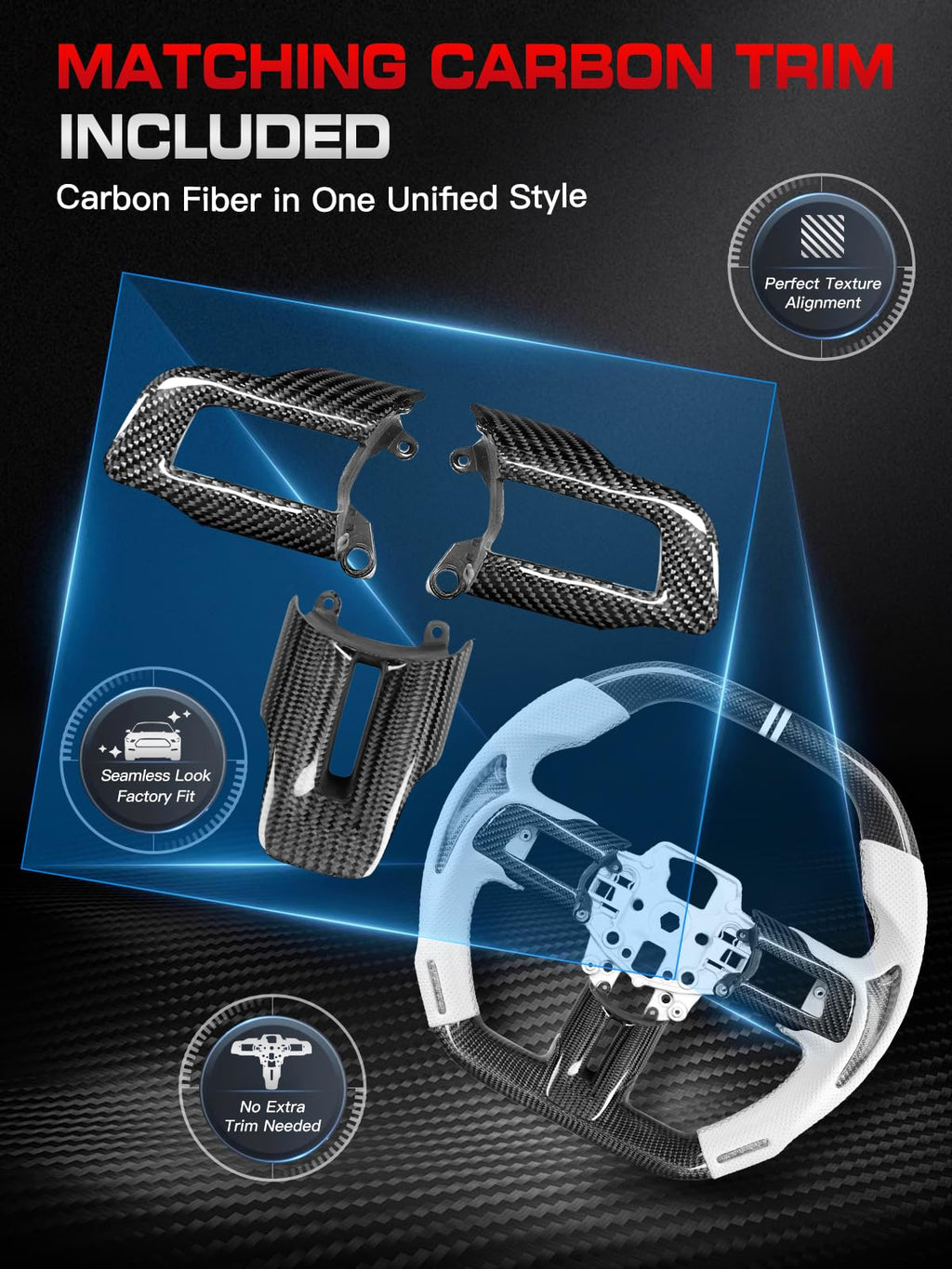 Carbon-Fiber Steering Wheel for Ford Mustang 2018–2023, Matching Decorative Trim Piece, Flat-Bottom, Black Nappa Leather with Red Stripe & Red Hand-Stitching, for EcoBoost/GT/GT350/GT350R