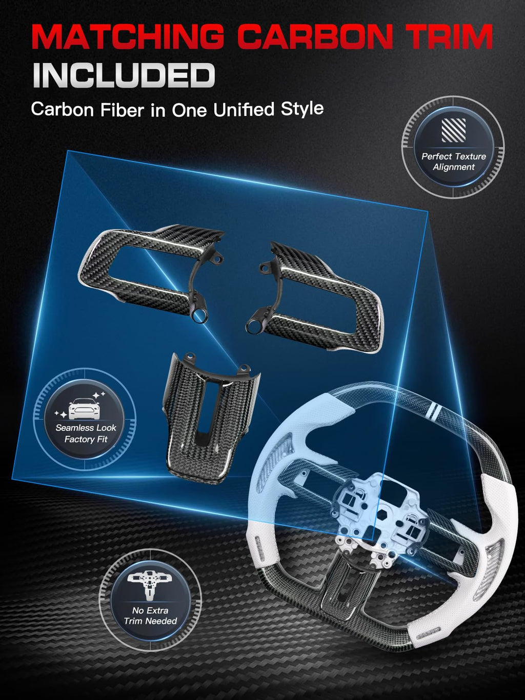 Carbon-Fiber Steering Wheel for Ford Mustang 2018–2023, Matching Decorative Trim Piece, Flat-Bottom, Black Nappa Leather with Red Stripe & Red Hand-Stitching, for EcoBoost/GT/GT350/GT350R