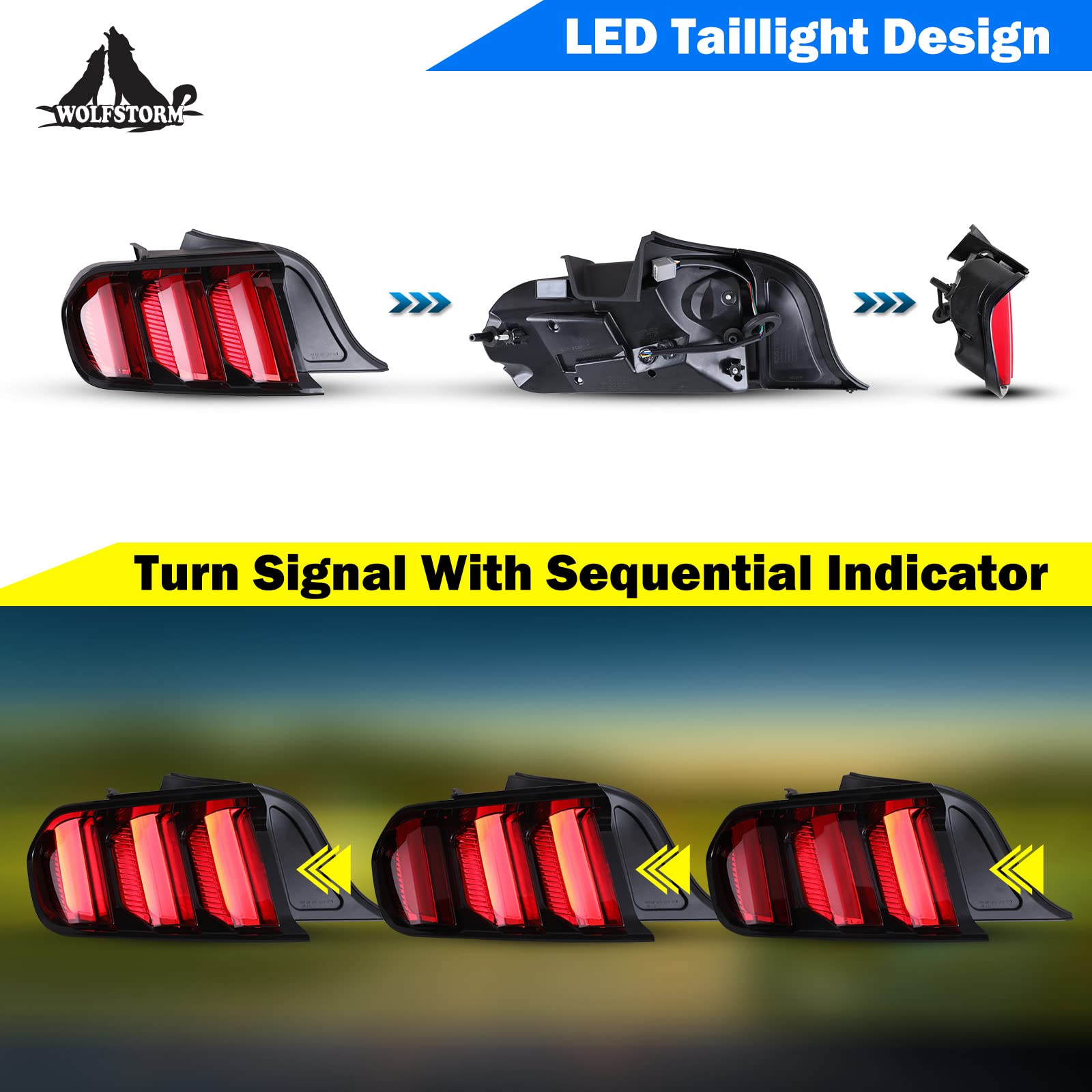 LED Tail Light for 2015-2023 Ford Mustang with Dynamic Running Turn Light Design,WOLFSORM Ford Mustang LED Tail Light Replacement Assembly,1 Pair(Smoke Lens)