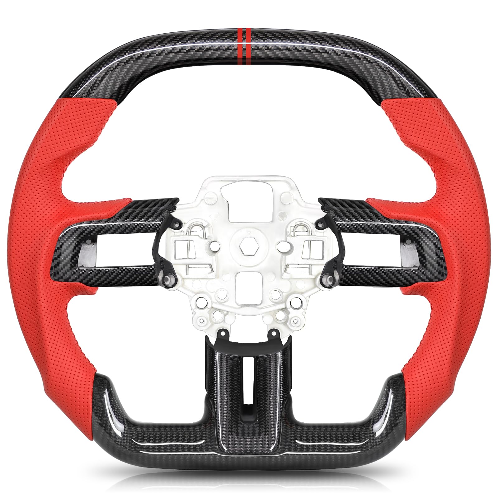 Carbon-Fiber Steering Wheel for Ford Mustang 2018–2023, Matching Decorative Trim Piece, Flat-Bottom, Black Nappa Leather with Red Stripe & Red Hand-Stitching, for EcoBoost/GT/GT350/GT350R