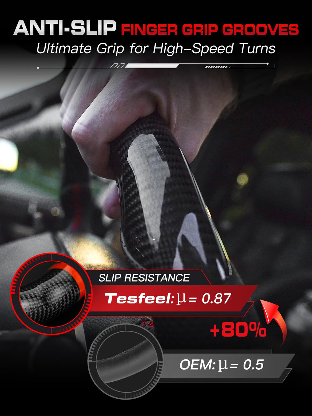 Carbon-Fiber Steering Wheel for Ford Mustang 2018–2023, Matching Decorative Trim Piece, Flat-Bottom, Black Nappa Leather with Red Stripe & Red Hand-Stitching, for EcoBoost/GT/GT350/GT350R