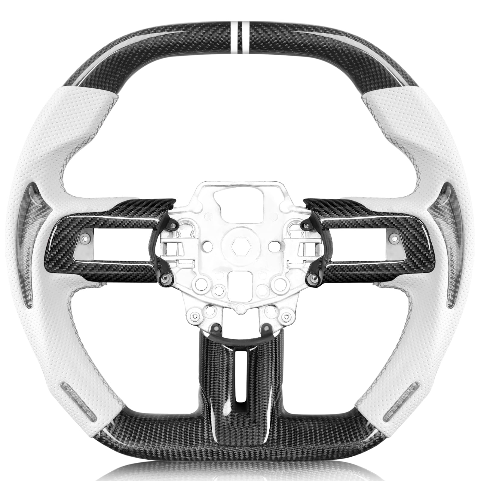 Carbon-Fiber Steering Wheel for Ford Mustang 2018–2023, Matching Decorative Trim Piece, Flat-Bottom, Black Nappa Leather with Red Stripe & Red Hand-Stitching, for EcoBoost/GT/GT350/GT350R