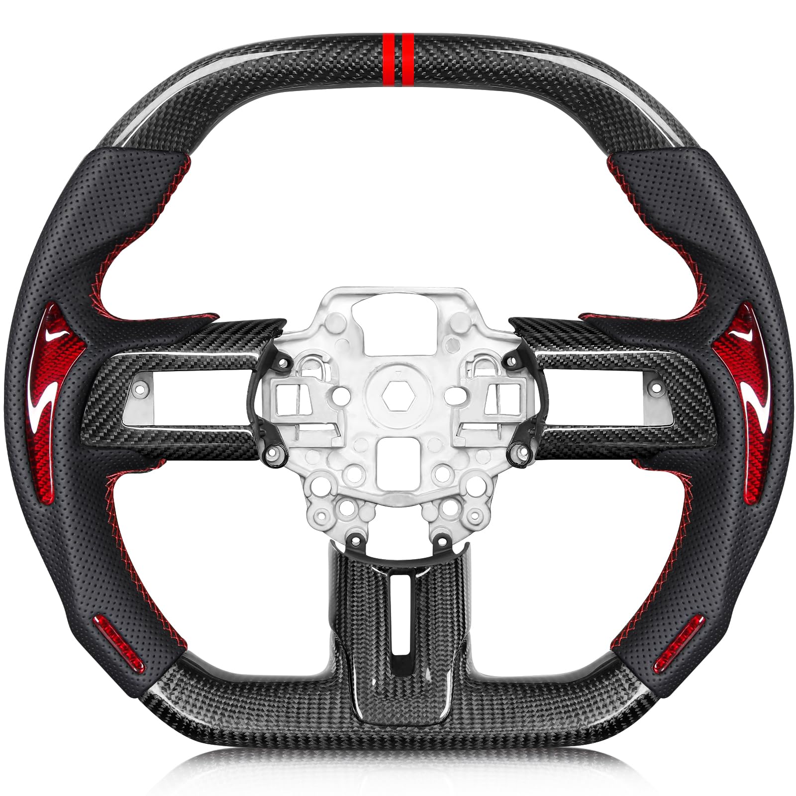 Carbon-Fiber Steering Wheel for Ford Mustang 2018–2023, Matching Decorative Trim Piece, Flat-Bottom, Black Nappa Leather with Red Stripe & Red Hand-Stitching, for EcoBoost/GT/GT350/GT350R