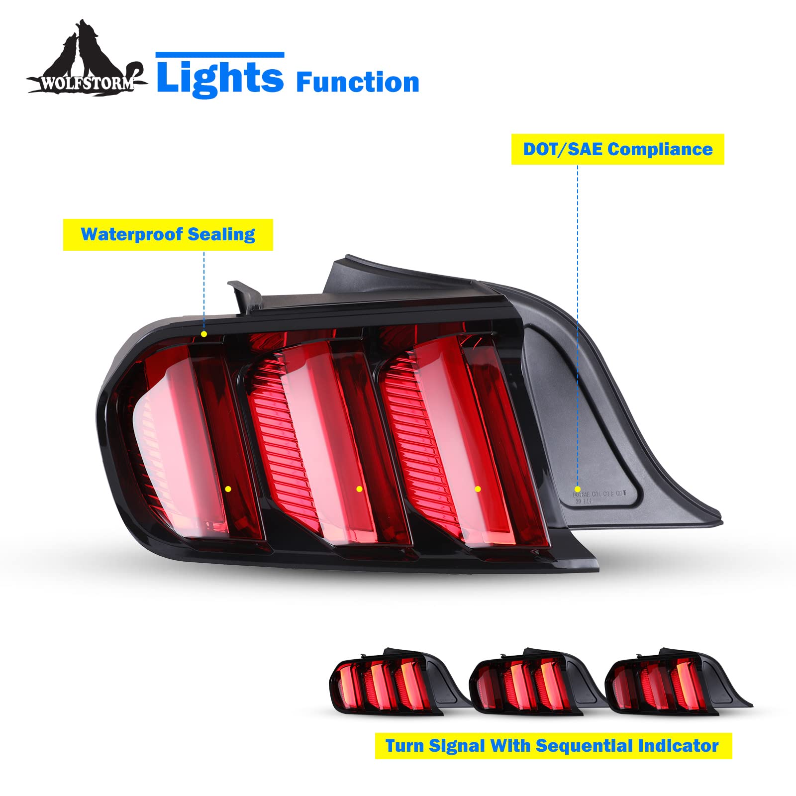 LED Tail Light for 2015-2023 Ford Mustang with Dynamic Running Turn Light Design,WOLFSORM Ford Mustang LED Tail Light Replacement Assembly,1 Pair(Smoke Lens)