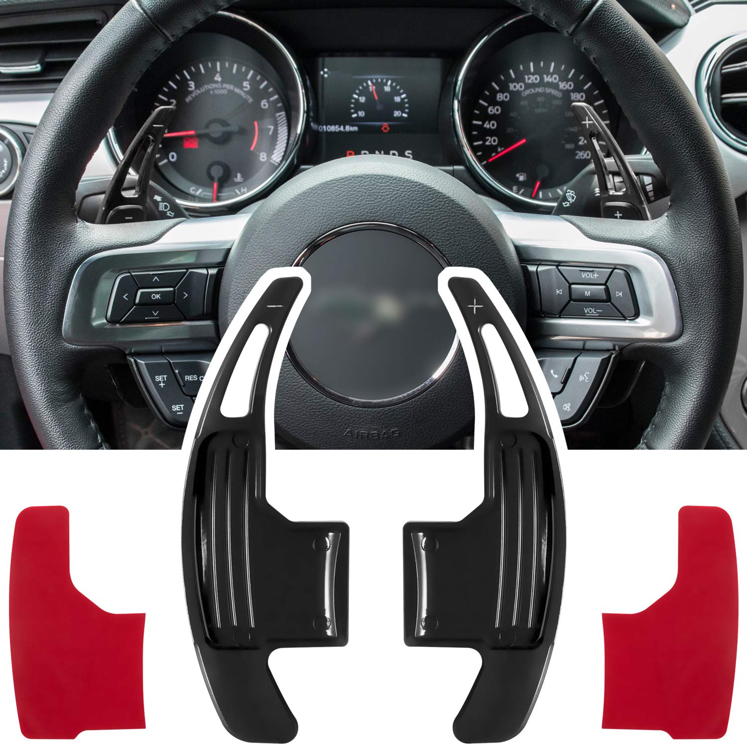 Steering Wheel Shift Paddle Extended Shifter Trim Cover for Ford Mustang 2015 2016 2017 2018 2019 2020 2021 2022 2023 Interior Decoration Accessories Aluminum Alloy (Red 2PCS)