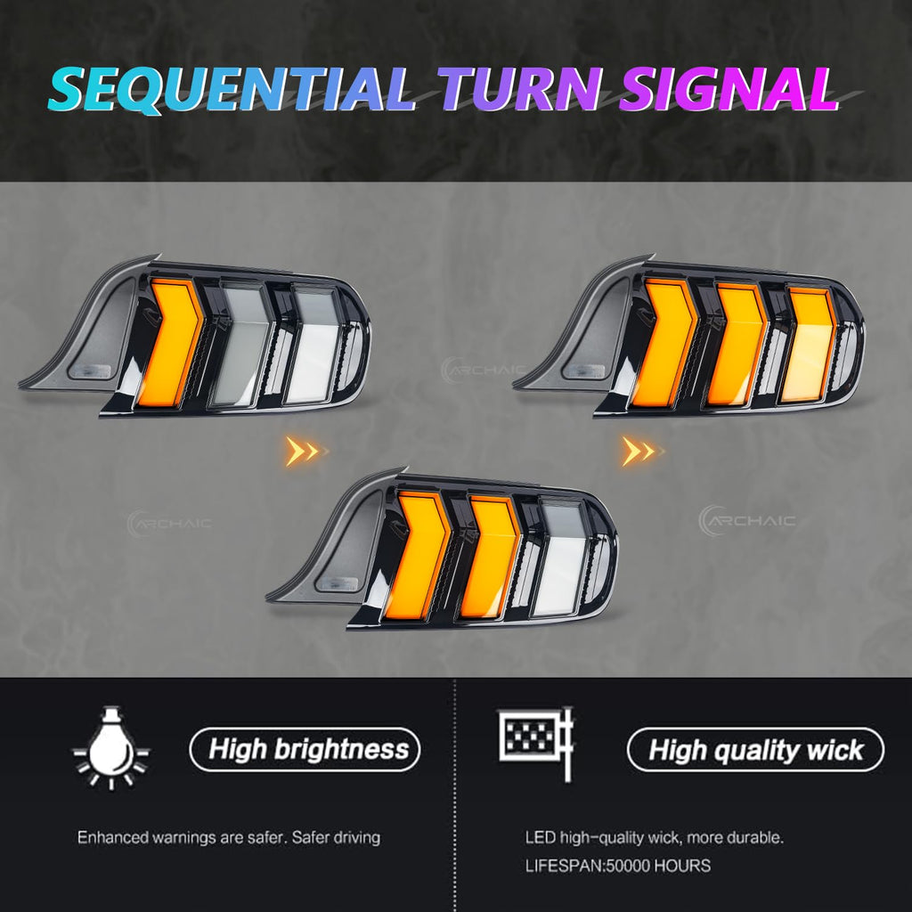 Archaic Tail Lights Assembly Compatible with Ford Mustang Shelby GT350 GT500 2015-2023,w/Start Up Animation & Sequential Turn Signal,Clear