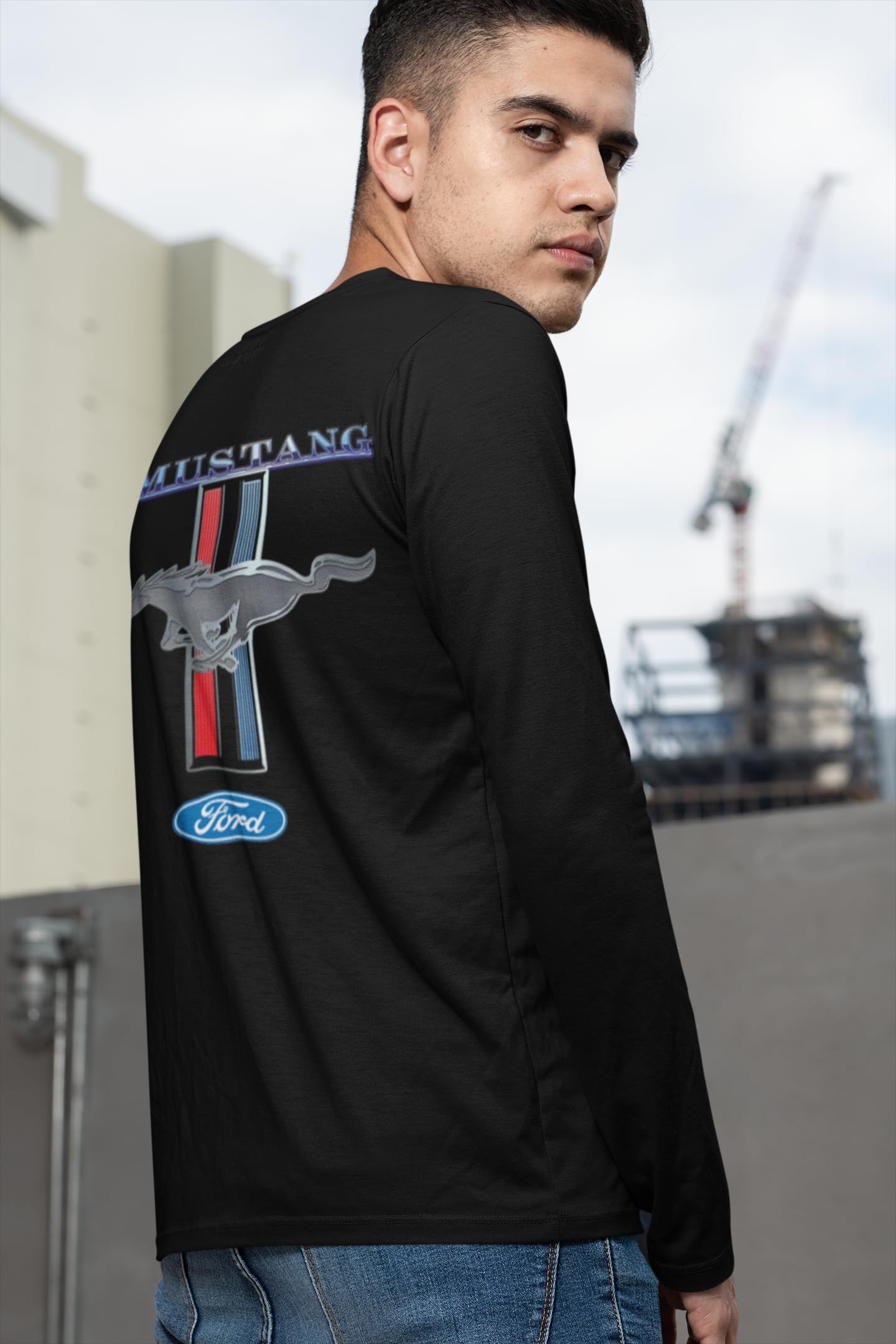 Ford Mustang Pony Racing Stripe 5.0 Muscle Cars Long Sleeve T-Shirt Front Back Print