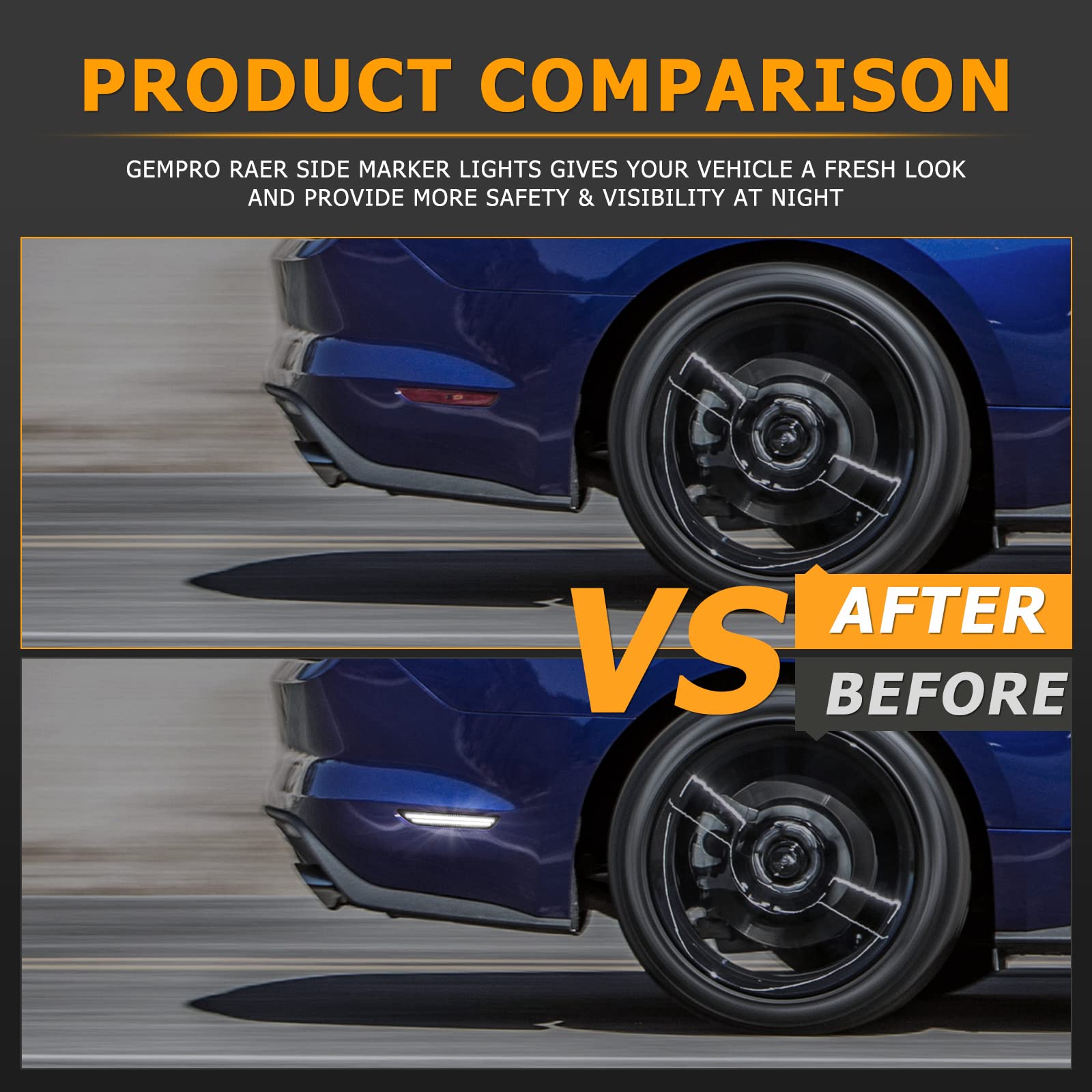 Gempro LED Side Marker Lights for Ford Mustang 2015-2023 Rear White Fender Marker Reflectors Lamps Smoked Len, 2PCS