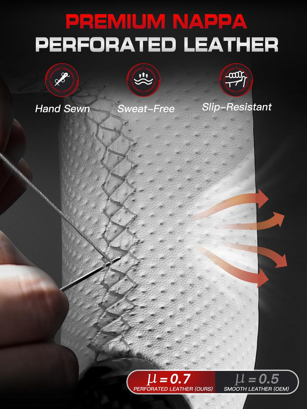 Carbon-Fiber Steering Wheel for Ford Mustang 2018–2023, Matching Decorative Trim Piece, Flat-Bottom, Black Nappa Leather with Red Stripe & Red Hand-Stitching, for EcoBoost/GT/GT350/GT350R