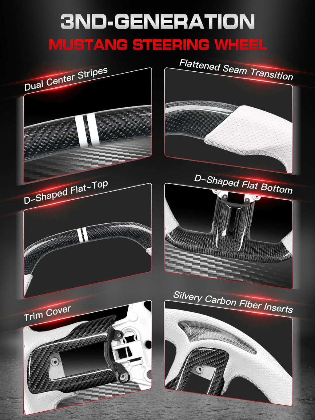 Carbon-Fiber Steering Wheel for Ford Mustang 2018–2023, Matching Decorative Trim Piece, Flat-Bottom, Black Nappa Leather with Red Stripe & Red Hand-Stitching, for EcoBoost/GT/GT350/GT350R