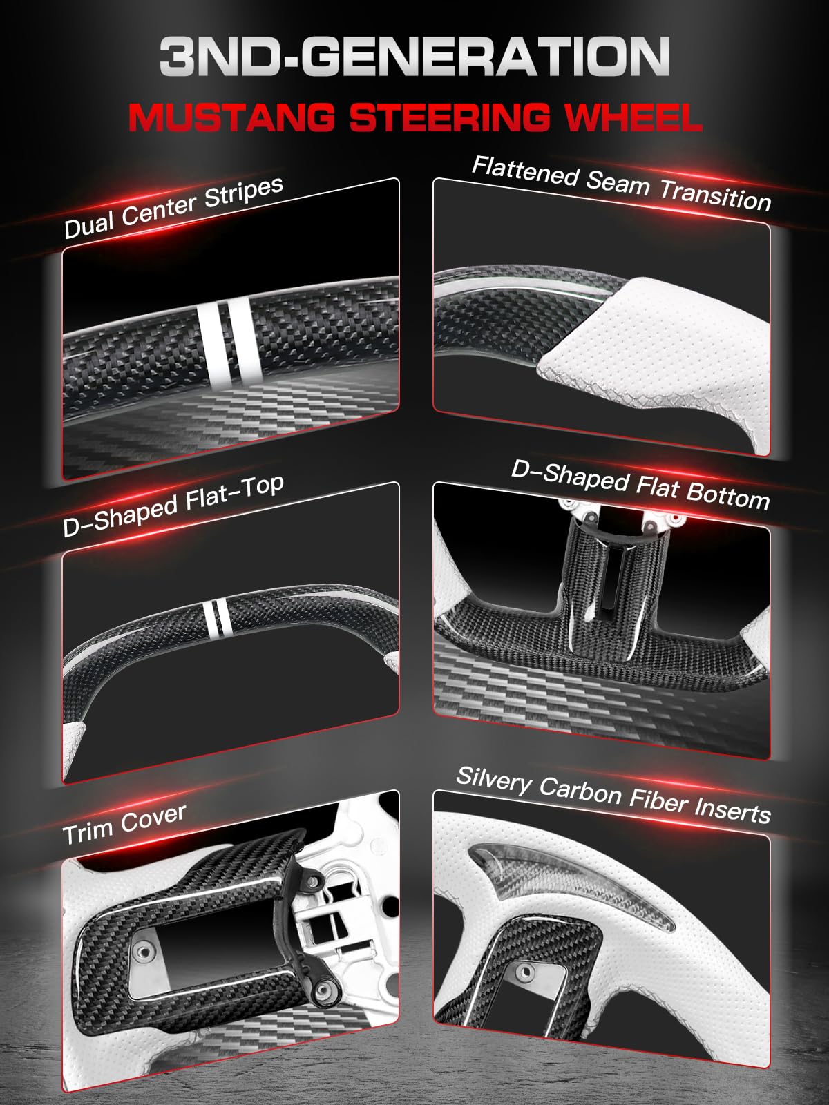 Carbon-Fiber Steering Wheel for Ford Mustang 2018–2023, Matching Decorative Trim Piece, Flat-Bottom, Black Nappa Leather with Red Stripe & Red Hand-Stitching, for EcoBoost/GT/GT350/GT350R